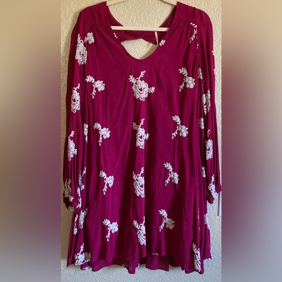 🎉Free People Austin Emma Maroon Embroidered Floral Long Sleeve Dress A180 - Picture 2 of 8